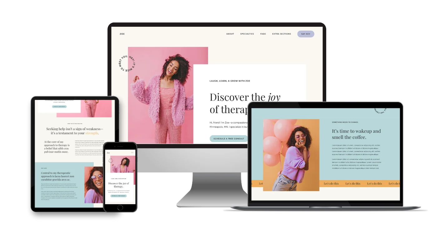 A little more joy. Therapy website reference shown across desktop, tablet and mobile