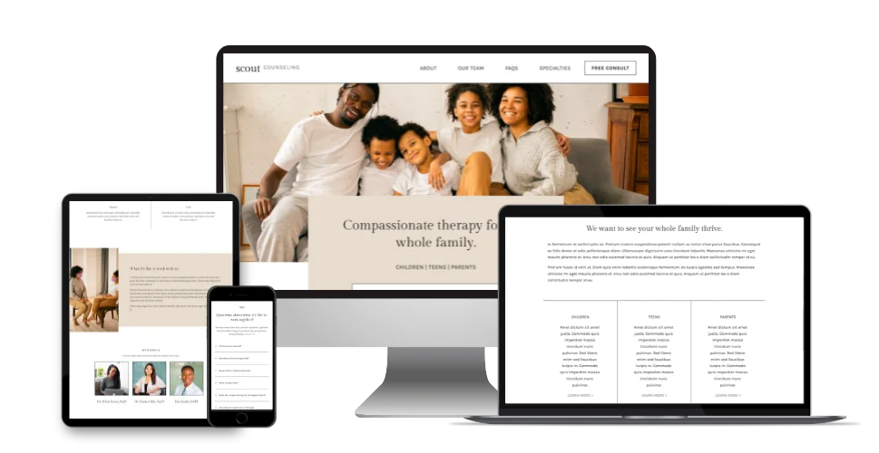 Care that connects. Therapy website reference shown across desktop, tablet and mobile